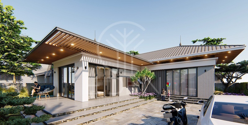 Mẫu nhà cấp 4 mái tôn chữ là thiết kế thông minh giúp tận dụng diện tích cho sảnh và sân vườn