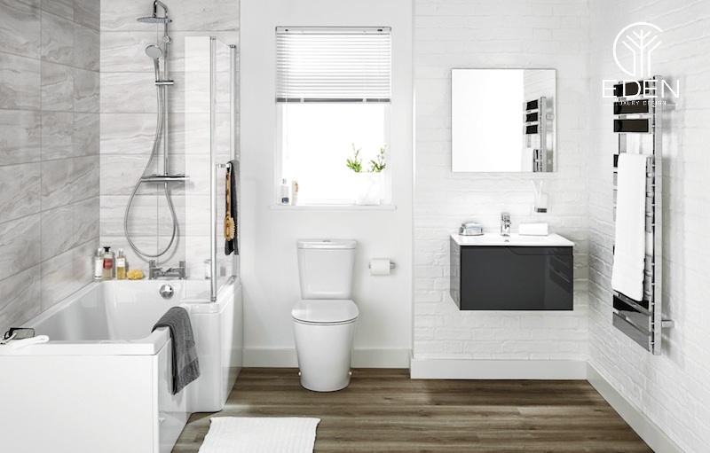 Phòng tắm đầy đủ tiện nghi với tone màu trắng sáng sủa