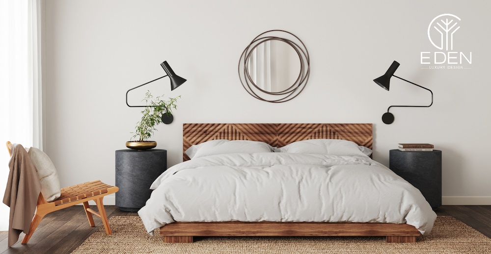 Ý tưởng decor đầu giường bằng một chiếc gương phá cách ngay vị trí trung tâm