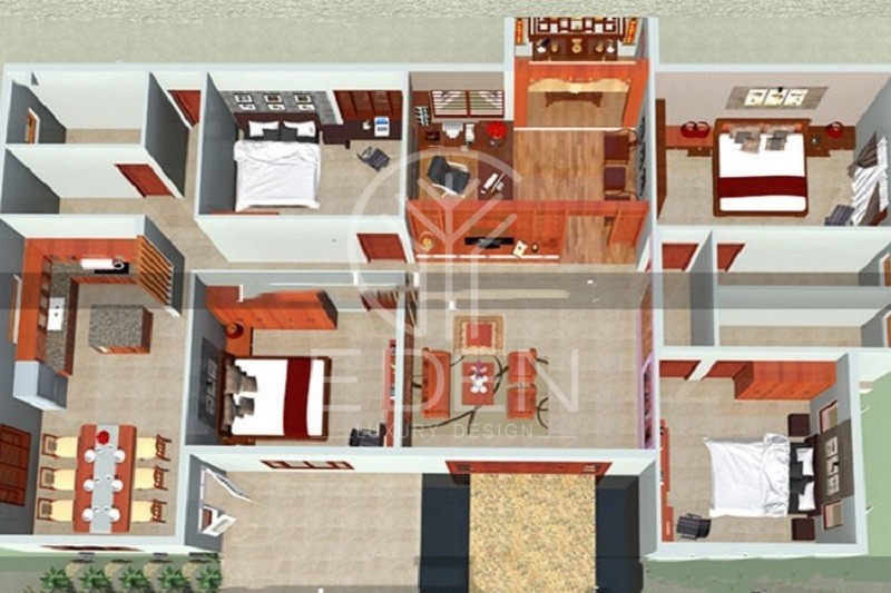 Cận cảnh góc nhìn trên của bản thiết kế nhà cấp 4 với 4 phòng ngủ