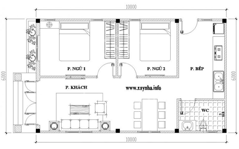 Bản vẽ nhà cấp 4 2 phòng ngủ chi tiết và hợp lý diện tích 6x10