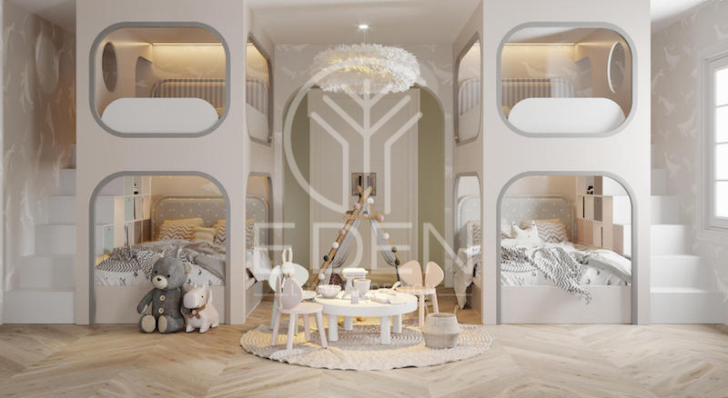 Thiết kế phòng ngủ cho bé đầy mộng mơ với 2 giường đôi sáng tạo