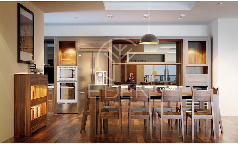 Phòng bếp sử dụng nội thất hoàn toàn từ gỗ óc chó làm nổi bật vẻ đẹp tinh tế