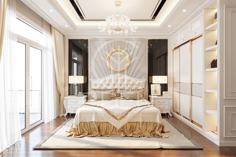 Phòng ngủ master theo phong cách cổ điển sử dụng gam màu ấm cúng và không kém phần sang trọng
