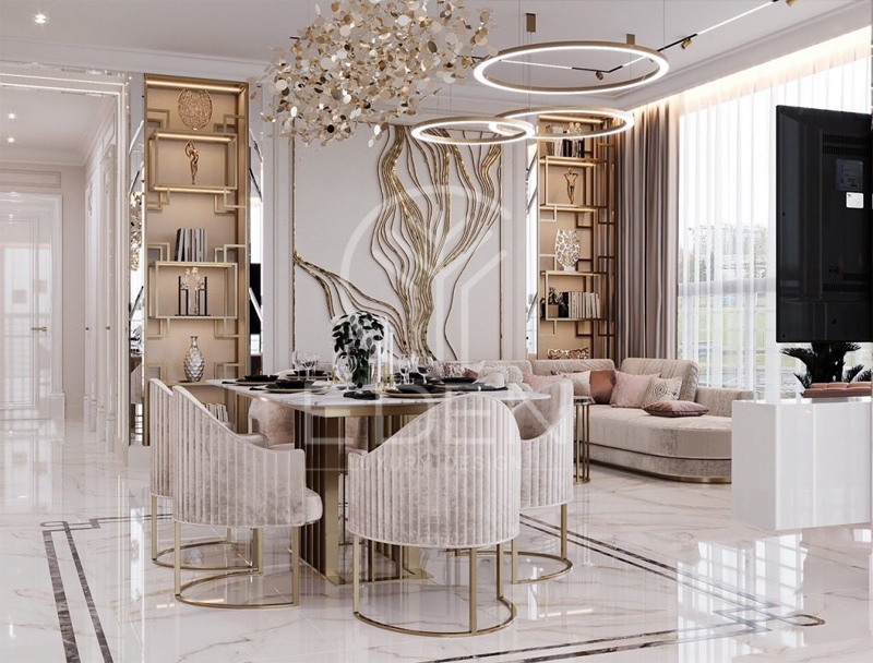 Bộ bàn ghế ăn cao cấp bọc nhung và mạ vàng chân nổi bật trong không gian nội thất hoa lệ