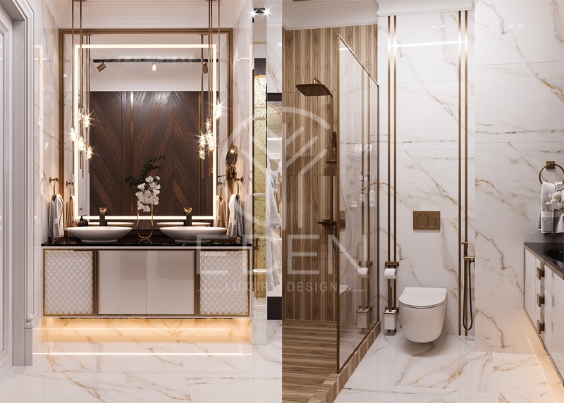 Không gian phòng tắm ốp đá cao cấp tương xứng với phong cách tổng thể