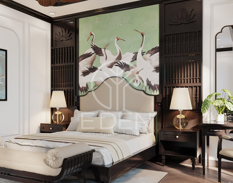 Hình ảnh chim hạc làm lấy cảm hứng từ phong cách Trung Quốc trong phòng ngủ Indochine