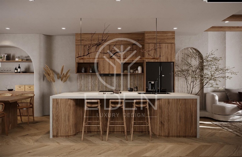 Tủ bếp và bàn kết hợp chất liệu gỗ hoài cổ với những thiết bị hiện đại vừa ấm cúng vừa tinh tế