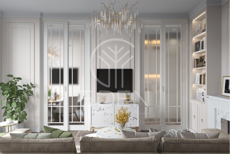 Gam màu trắng kem với những đường phào chỉ nhẹ nhàng làm nổi bật thiết kế nội thất
