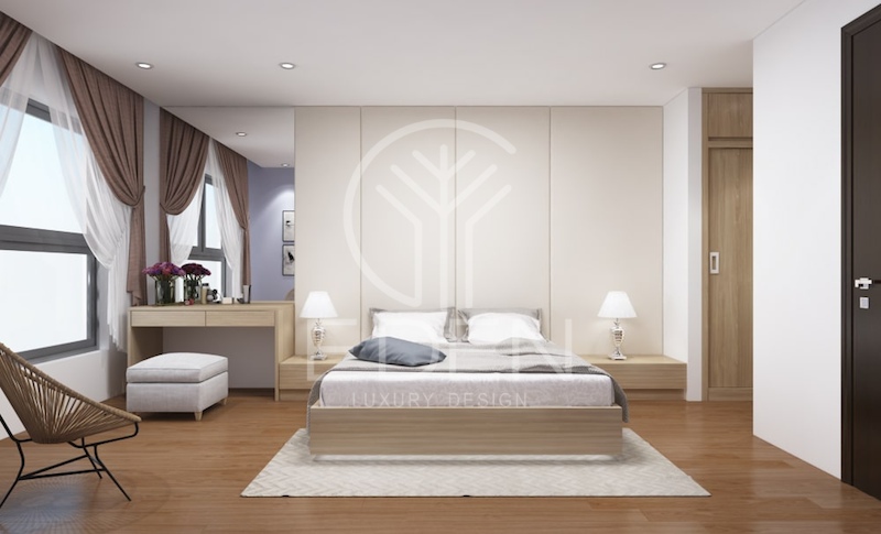 Trần thạch cao phẳng và đèn âm trần thiết kế cho phòng ngủ master