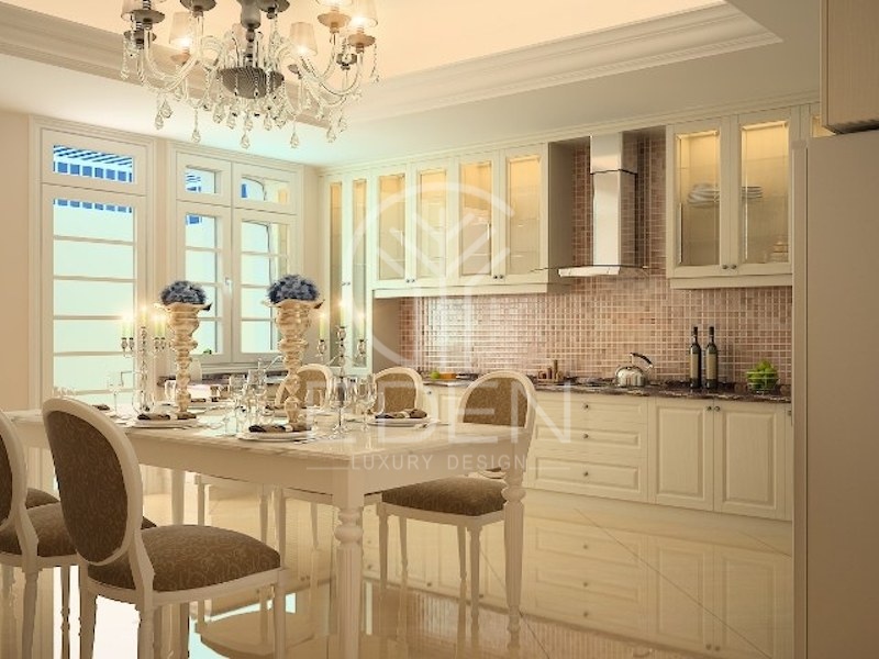 Nội thất phòng bếp ấm cúng, tiện nghi và hoàn hảo về thẩm mỹ ở nhà ống 3 tầng kiểu Pháp