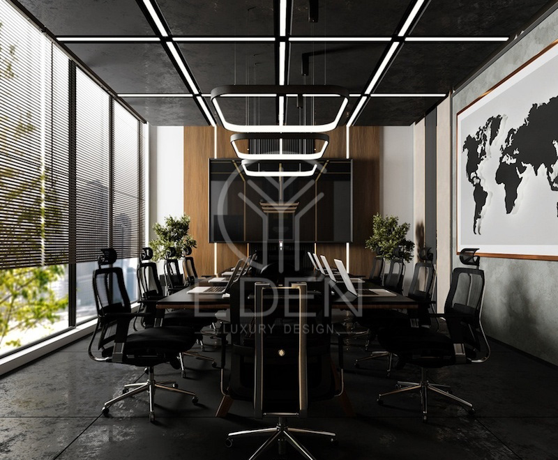 Thiết kế phòng họp hiện đại lấy tông màu đen chủ đạo gây ấn tượng về sự chuyên nghiệp