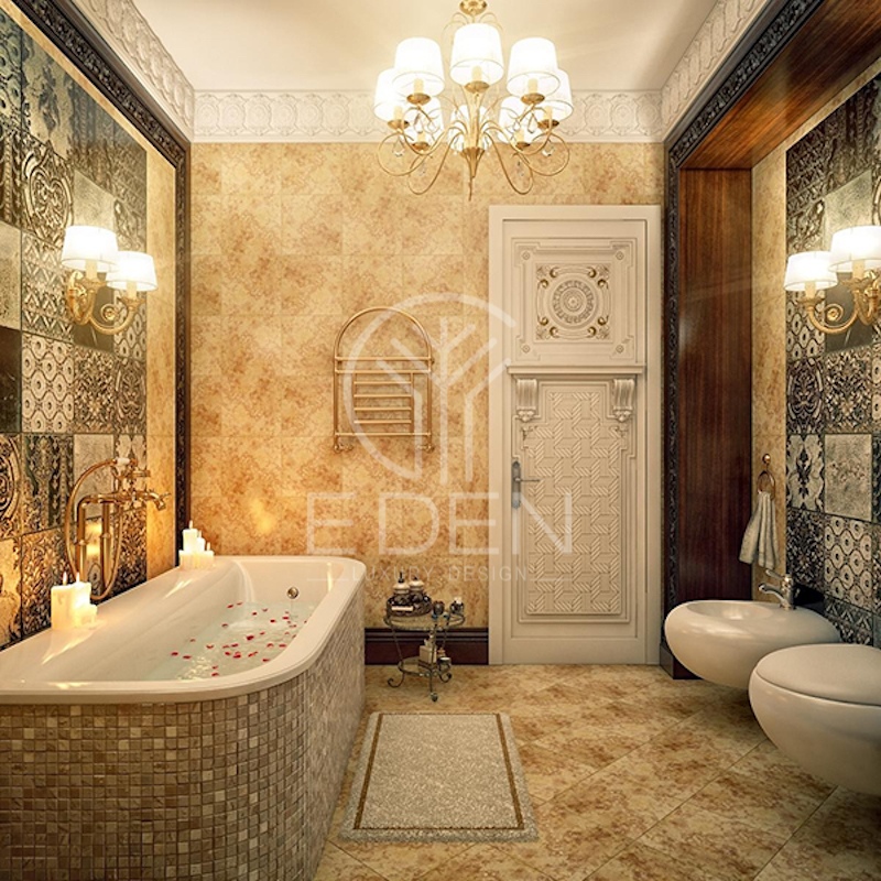 Phòng tắm phong cách cổ điển, với màu gạch theo tông vàng nâu
