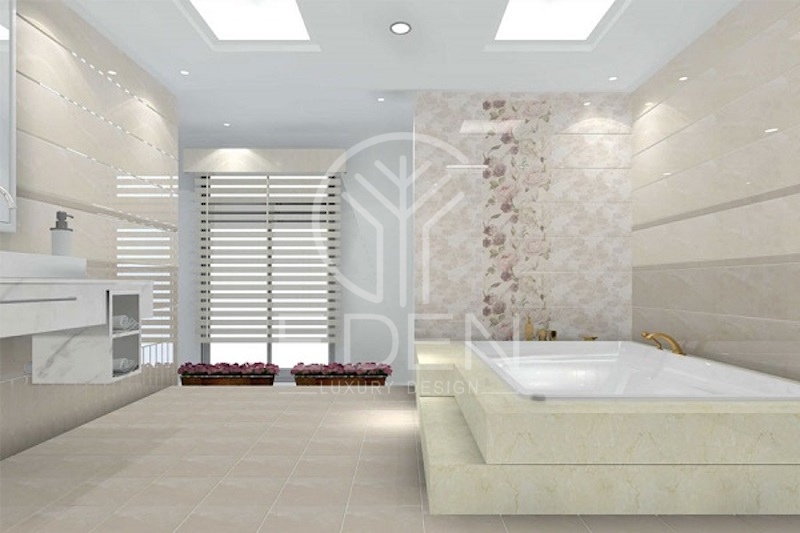 Việc phối màu gạch ốp tường và gạch lát nền cùng tông sẽ mang lại tính thẩm mỹ cân bằng cho phòng tắm
