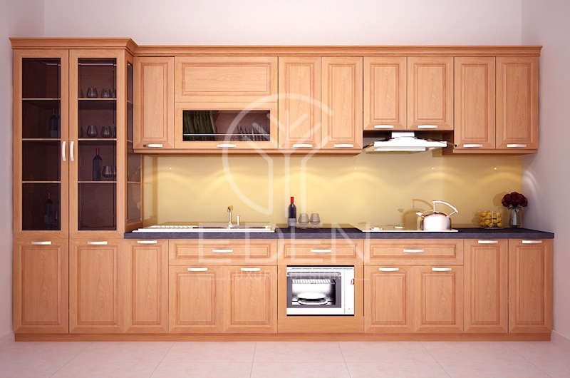 Tủ bếp gỗ tự nhiên kết hợp tủ rượu là điểm nhấn độc đáo cho căn bếp của bạn
