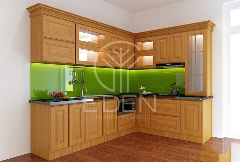 Tủ bếp gỗ sồi chữ L cỡ lớn phù hợp với phòng bếp chung cư rộng rãi