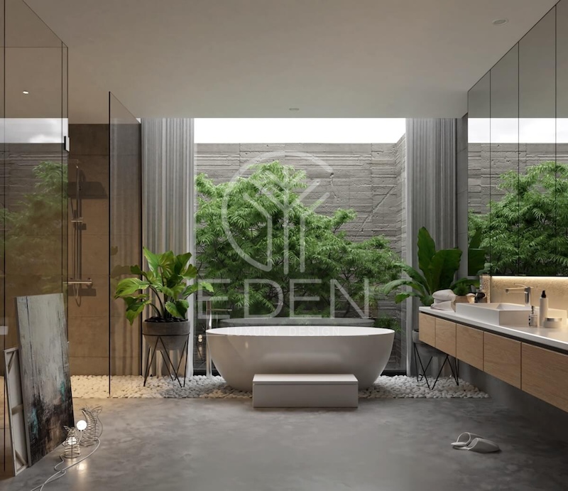 Phòng tắm thiết kế lộ thiên kết hợp cây xanh để tạo mảng xanh thoáng mát