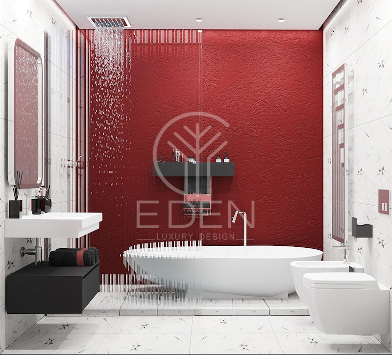 Thiết kế phòng tắm biệt thự nổi bật với tone màu đỏ