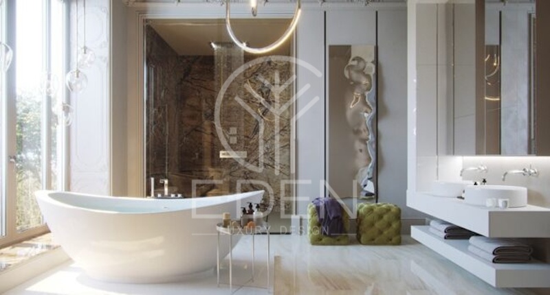 Thiết kế phòng tắm đương đại với vật dụng chủ yếu được làm bằng đá