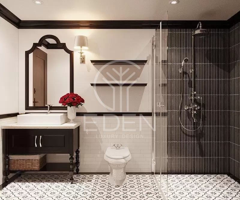 Thiết kế phòng tắm Indochine với hoa văn gạch nổi bật