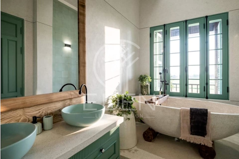 Phòng tắm thiết kế theo phong cách Indochine phóng khoáng, thư thái