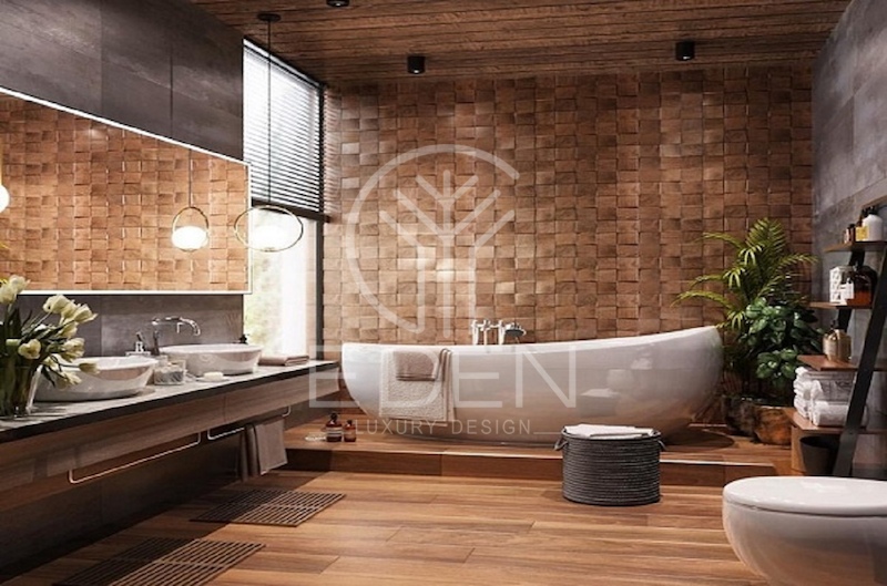 Phòng tắm Indochine sử dụng chất liệu gỗ ấm áp