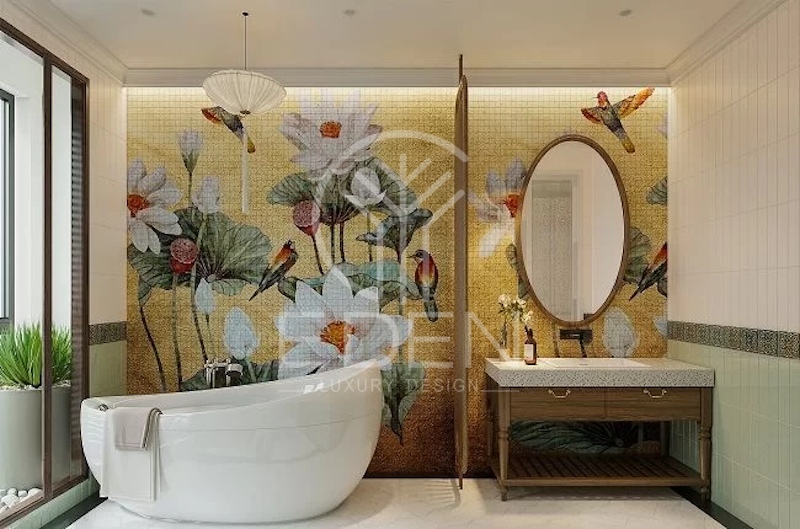 Gương tròn mang đến vẻ đẹp thư thái, nhẹ nhàng và tạo điểm nhấn cho căn phòng tắm