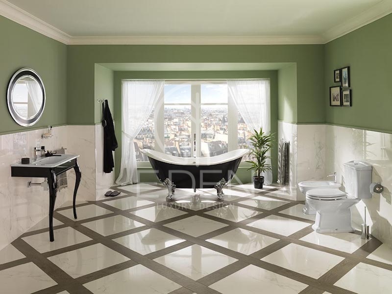 Không chỉ phối màu ấn tượng mà từng chi tiết trong phòng tắm để thể hiện rõ tinh thần của kiến trúc tân cổ điển