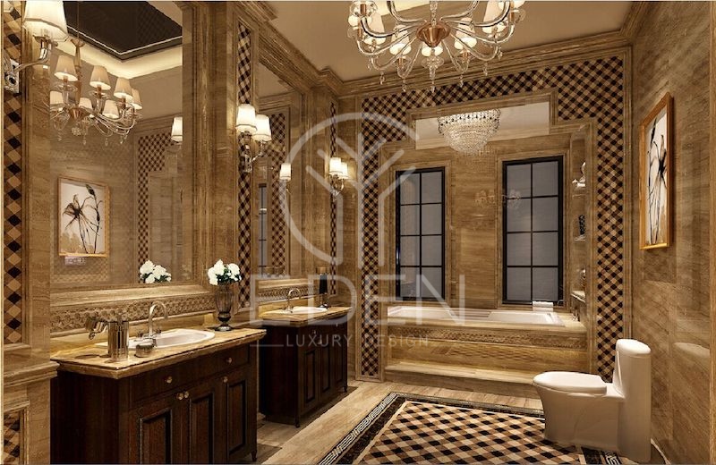 Tạo điểm nhấn cho phòng tắm bằng chất liệu gỗ tone nâu kết hợp với gương kính làm nổi bật phong cách tân cổ điển
