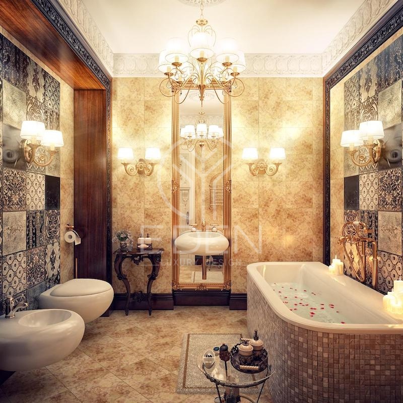 Phòng tắm tân cổ điển này sử dụng họa tiết hoa lá trên nền chất liệu gỗ để tạo vẻ đẹp sang trọng