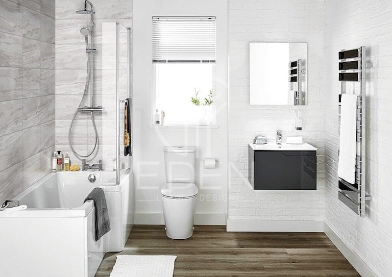 Thiết kế nhà vệ sinh có bồn tắm diện tích nhỏ với gam màu trắng tinh tế