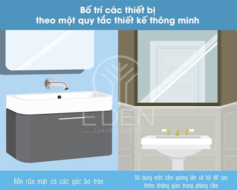Ưu tiên bồn rửa mặt có góc bo tròn để đảm bảo an toàn khi sử dụng phòng tắm có bồn tắm