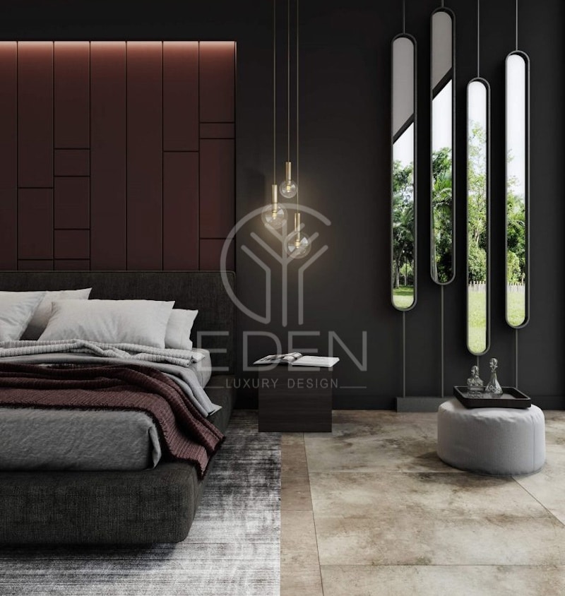 Không gian phòng ngủ được tạo điểm nhấn thông qua các chi tiết mới lạ của đèn và gương