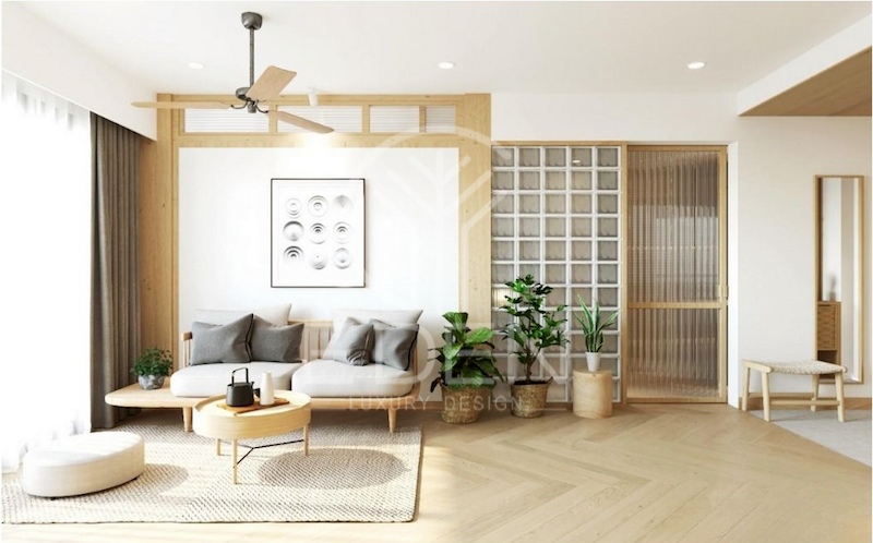 Phòng khách đơn giản và nhẹ nhàng theo phong cách Japandi