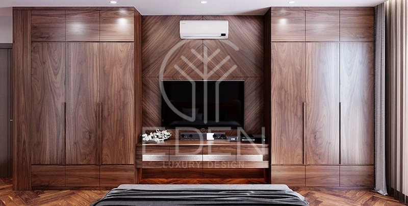 Hệ thống tủ quần áo kết hợp kệ tivi sử dụng gỗ tự nhiên với các vân gỗ ấn tượng