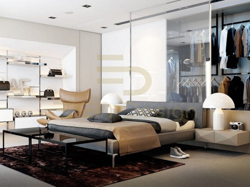 Phòng ngủ sử dụng nhiều chất liệu hiện đại thiết kế theo phong cách Bauhaus