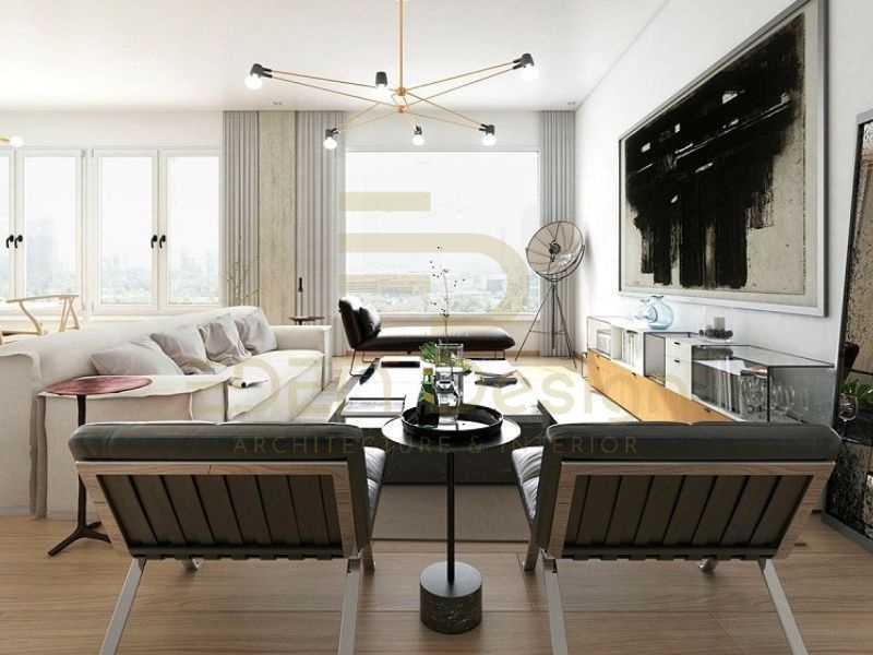 Phòng khách chuẩn kiến trúc Bauhaus tận dụng ánh sáng giúp không gian tươi sáng và thoáng mát