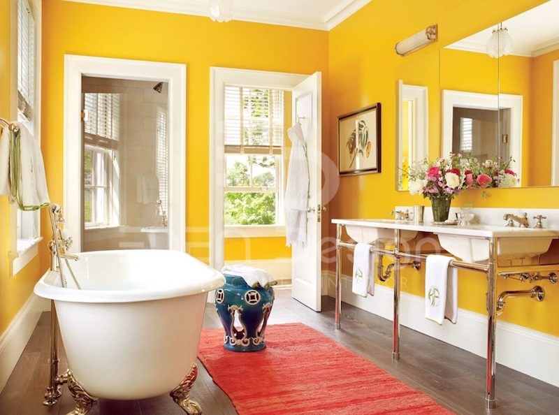 Màu sơn tường tươi sáng và những món đồ trang trí thú vị giúp trải nghiệm trong phòng tắm mới mẻ hơn