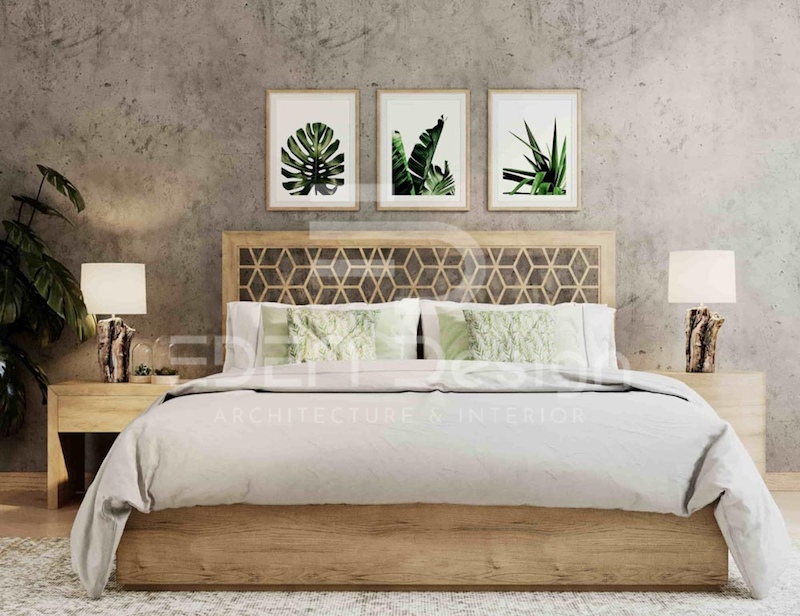 Phòng ngủ phong cách nội thất Eco được trang trí bằng vật liệu gỗ đơn giản