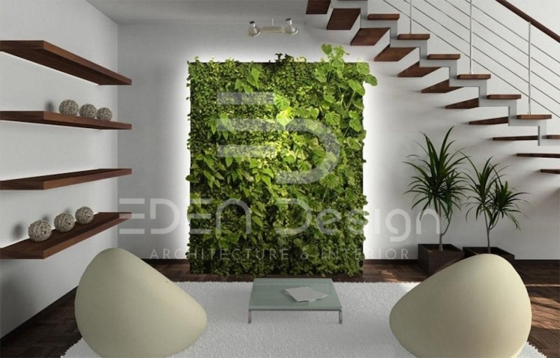 Bức tường mộc mạc được trang trí với cây xanh và gỗ là điểm nhấn của phong cách Eco