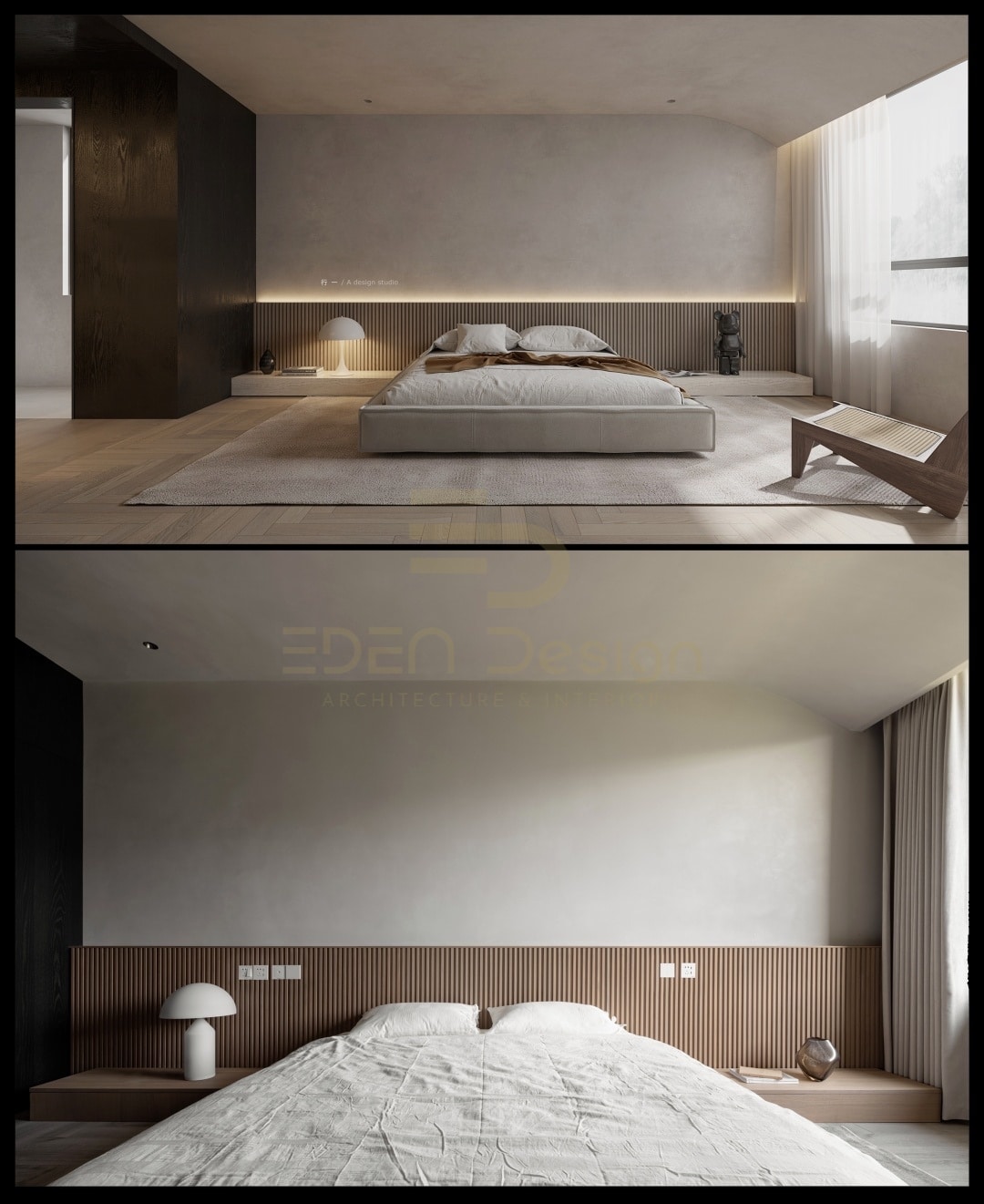 Một chiếc giường không chân hiện đại màu be trắng mang đến cảm giác gần gũi, thân thuộc