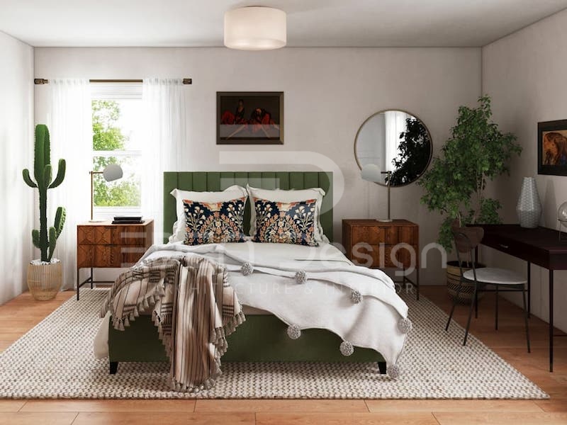 Phòng ngủ phong cách thiết kế Chiết Trung sử dụng màu sắc và chất liệu gần gũi với thiên nhiên