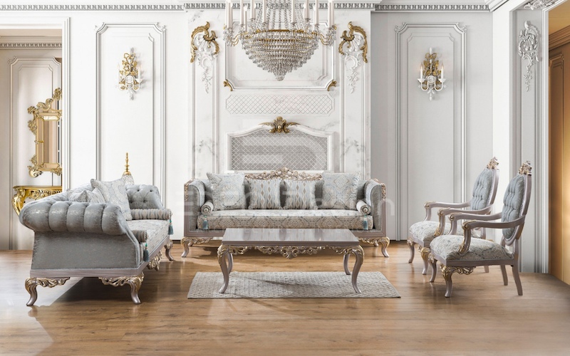 Thiết kế phòng khách theo phong cách Baroque sử dụng bộ sofa màu xám nhạt tinh tế
