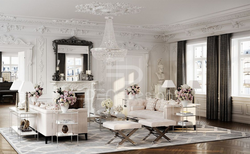  Mẫu thiết kế phòng khách phong cách Baroque lấy gam trắng làm chủ đạo