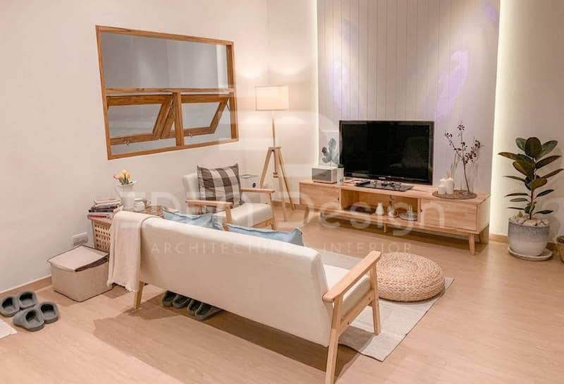 Đồ nội thất phòng khách Muji làm bằng gỗ công nghiệp với thiết kế tối giản
