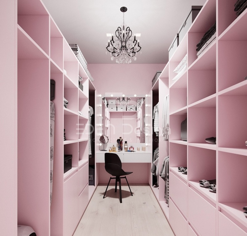 Phòng thay đồ lấy màu hồng nữ tính làm chủ đạo phù hợp với những cô nàng thích sự lãng mạn