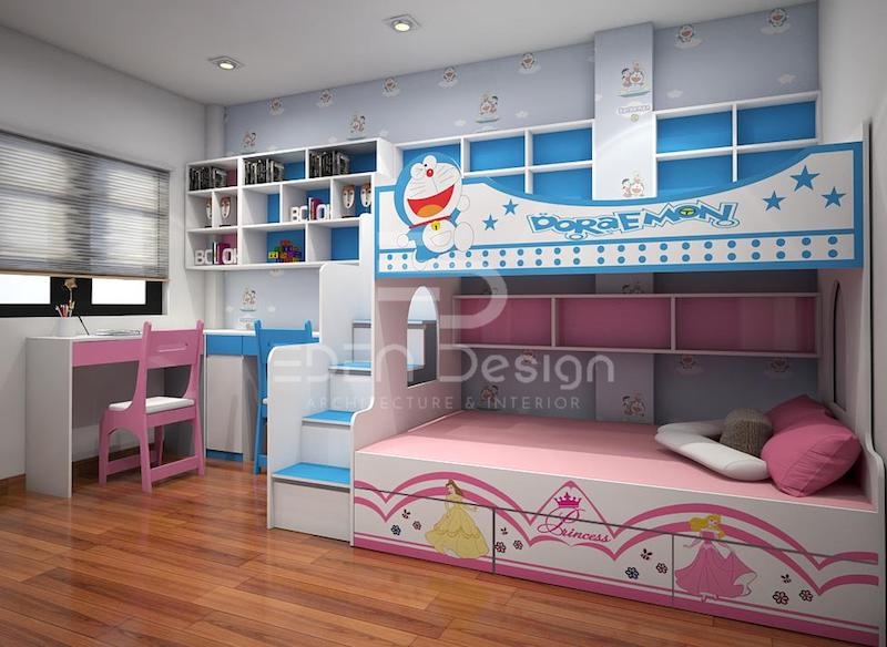 Giường ngủ họa tiết công chúa và doraemon khiến bé trai và bé gái đều thích thú