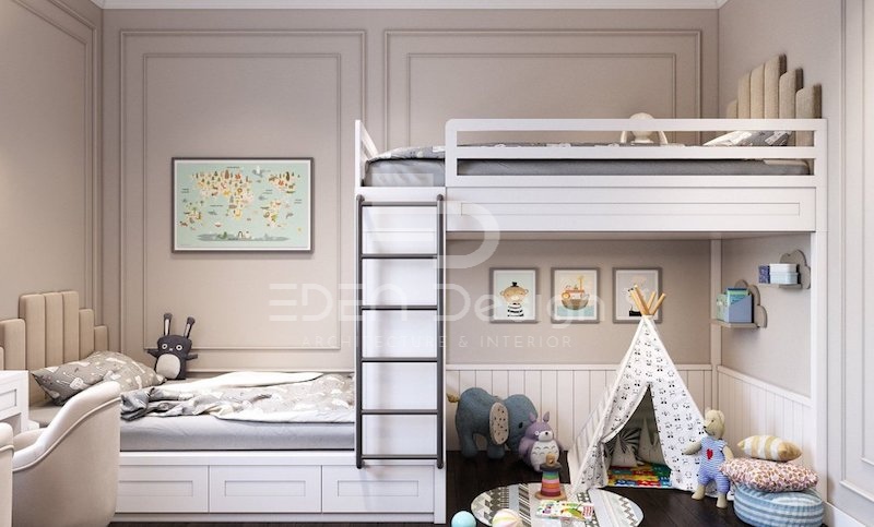Mẫu thiết kế phòng ngủ đôi cho bé trai và bé gái giúp các bé chia sẻ môi trường vui chơi và học tập