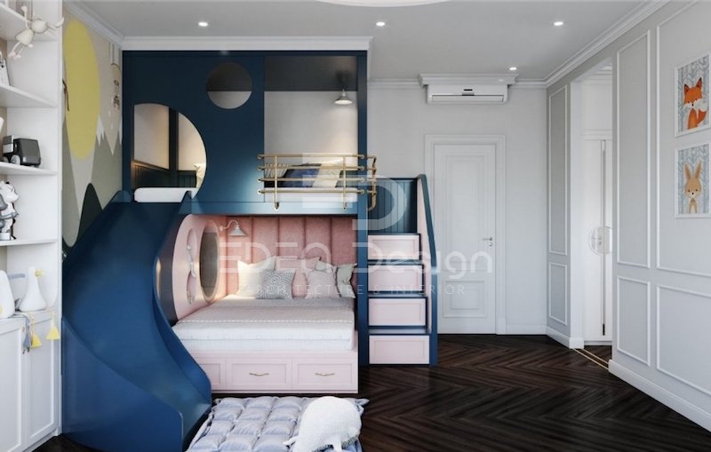Mẫu phòng ngủ đôi dành cho bé trai và bé gái hiện đại sử dụng giường tầng có cầu trượt
