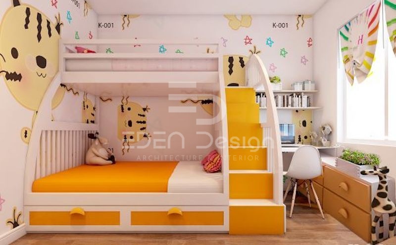 Phòng ngủ đôi tông màu vàng nổi bật và rực sáng dành cho mọi lứa tuổi